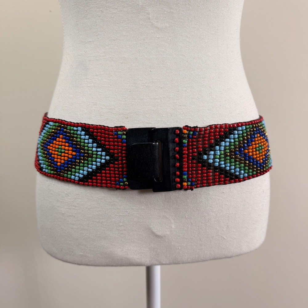 Vintage Seed Bead Geometric Diamond Wide Belt Red Stretch Wood Buckle 42in